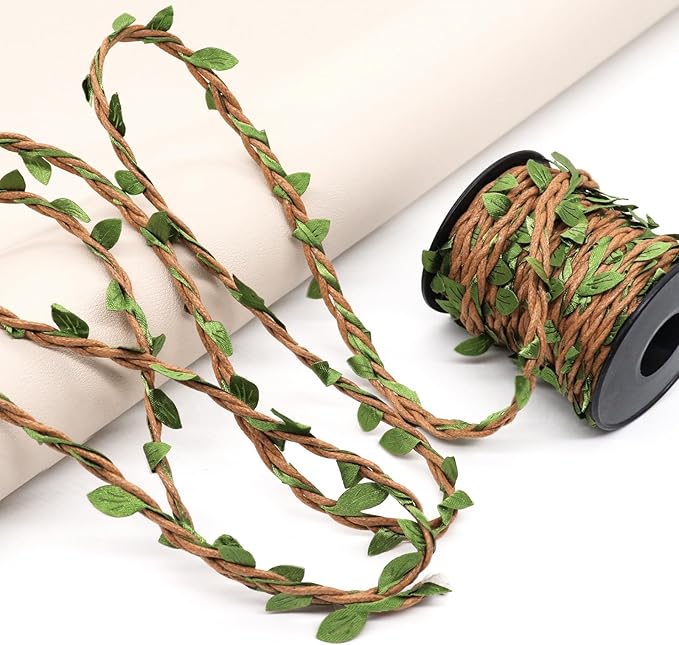 33ft Waxed Twine with Green Leaves, 3-ply Waxed Cord, Artificial Leaves Waxed String for Crafts and Decor (Light Brown Waxed Twine)