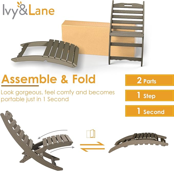 IVY&LANE Portable Xavier-Chairs Set of 2 | Folding-Adirondack-Chair | Wave | HDPE Plastic | Wood Grain | All-Weather Resistant | for Outdoor Fire-Pit Patio Lawn Beach Poolside