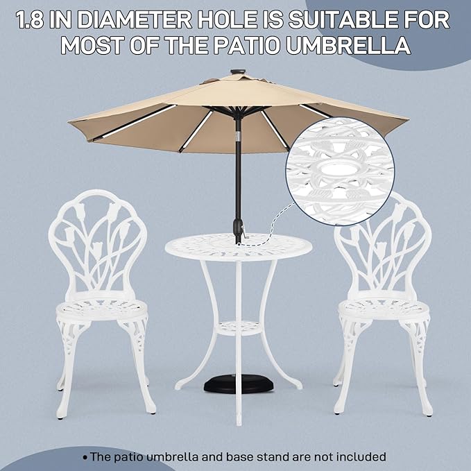 VINGLI 3 PCS Outdoor Bistro Set, Outdoor Patio Set, All-Weather Cast Aluminum Bistro Table Set, Bistro Table and Chairs Set of 2 for Backyard, Garden, Balcony (White, Tulip)