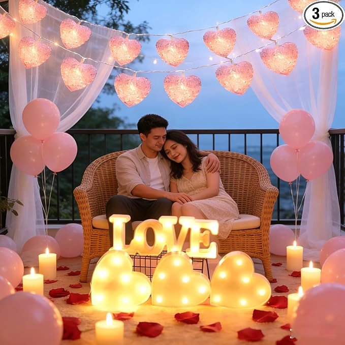 Valentines Heart Decoration Lights, 9.8 Ft Valentine String Lights Battery Operated 20 LED Pink Shining Love Shape Lights , Valentines Heart Light for Indoor Outdoor Wedding Bedroom Valentine Decor