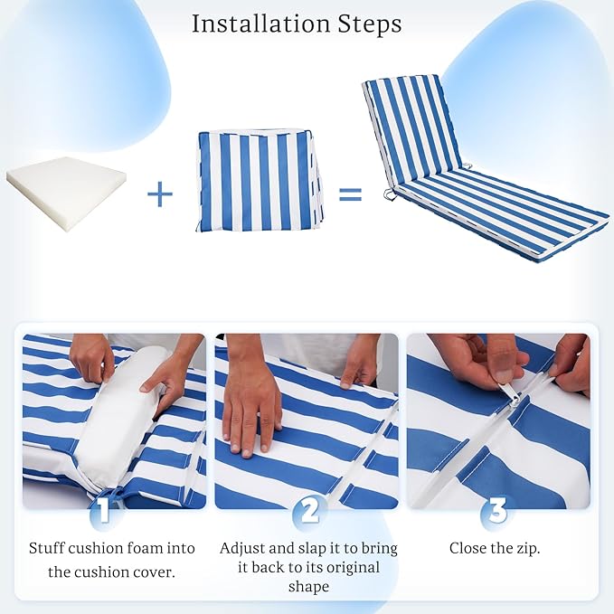 Chaise Lounge Cushions Outdoor Set of 2, 71"x22"x3" Patio Lounge Chair Furniture Cushions with Washable Covers for Pool, Patio, Lawn (Sky Blue White Stripes, 2 Pcs)