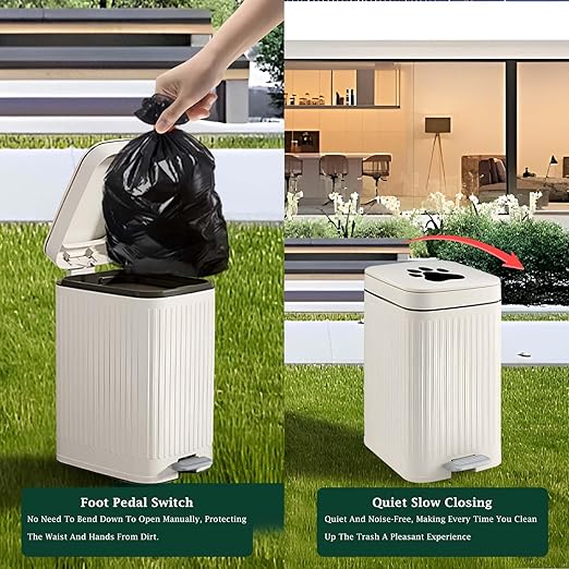 Dog Poop Trash Can Outside, 5L/1.3 Gal Pet Poop Bucket with Lid, Foot Pedal, Dog Waste Container with 40 Bags, Lid Soft Close for Pet, White