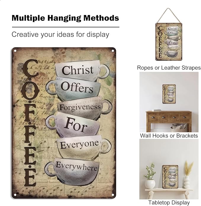 Vintage Metal Tin Sign "Christ Offers Forgiveness For Everyone Everywhere" Retro Coffee Bar Decor for Home Kitchen Coffee Outdoor Decorations (8x12 Inch)