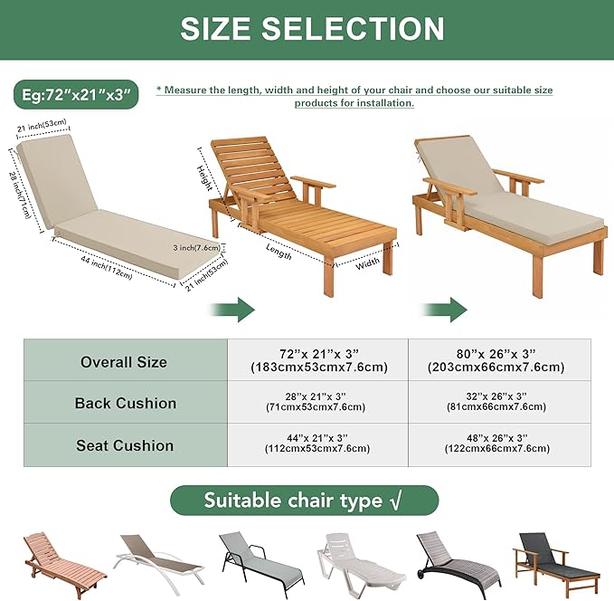 Chaise Lounge Cushions Outdoor Set of 4 - Waterproof and Fade Resistant Sun Lounger Replacement Cushion - Patio Lounger Pads with Removable Cover for Pool, Deck, Lawn, 80 x 26 x 3 Inch, Cream