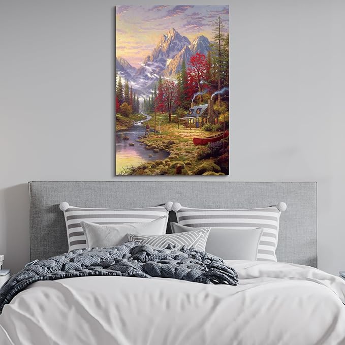 STUDIO HAVEN Thomas Kinkade Canvas Wall Art, Cozy Riverside Home Fishing Figure Red Canoe Sunset Oil Painting Poster Rustic Wilderness Wall Decor, Framed Prints for Home Decor, 16x24Inch