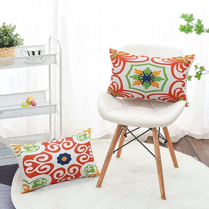 Pyonic Outdoor Waterproof Throw Pillow Covers for Patio Furniture Decorative Boho Pillow Covers 12x20 Floral Printed for Patio Tent Couch Garden Set of 4,Orange