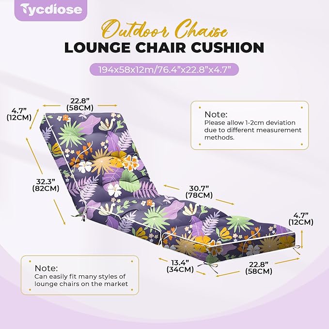 Outdoor Chaise Lounge Chair Cushion, Waterproof Non-Slip Patio Chaise Lounge Cushions for Outdoor Furniture, Thickened Pool Lounger Chair Cushion, 76.4 x 22.8 x 4.7 Inches, Purple Floral Leaf