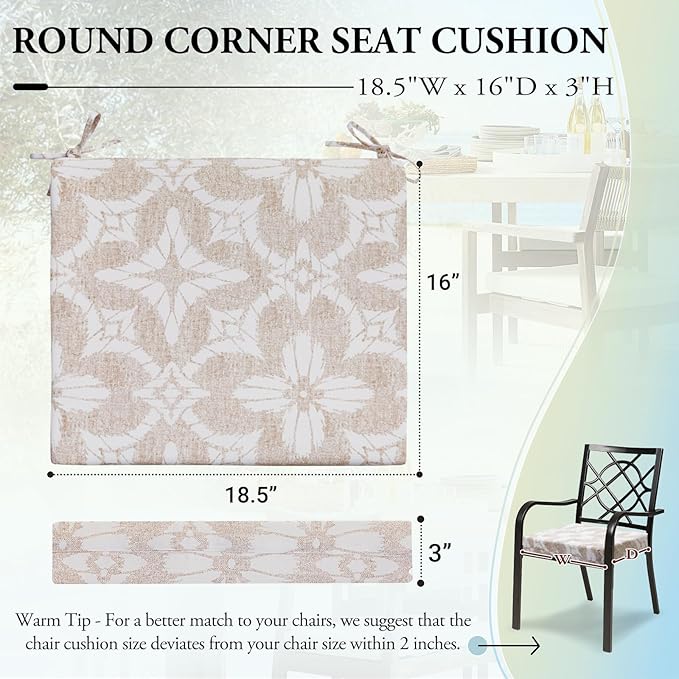 Wellsin Outdoor Chair Cushions for Patio Furniture - Outdoor Cushions for Chairs - Water Resistant Patio Chair Cushions Set of 4, 18.5"X16"X3", Flower Beige
