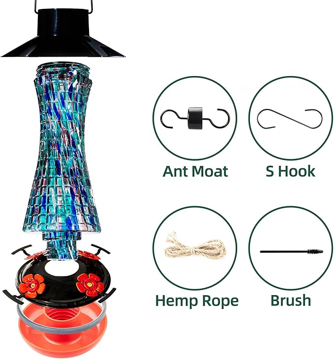 Muse Garden Solar Powered Hummingbird Feeder, 23oz Solar Lights Outdoor Garden Decor Ant and Bee Proof, Hand Blown Glass Lantern Gifts for Women Mom Birthday Unique, Blue