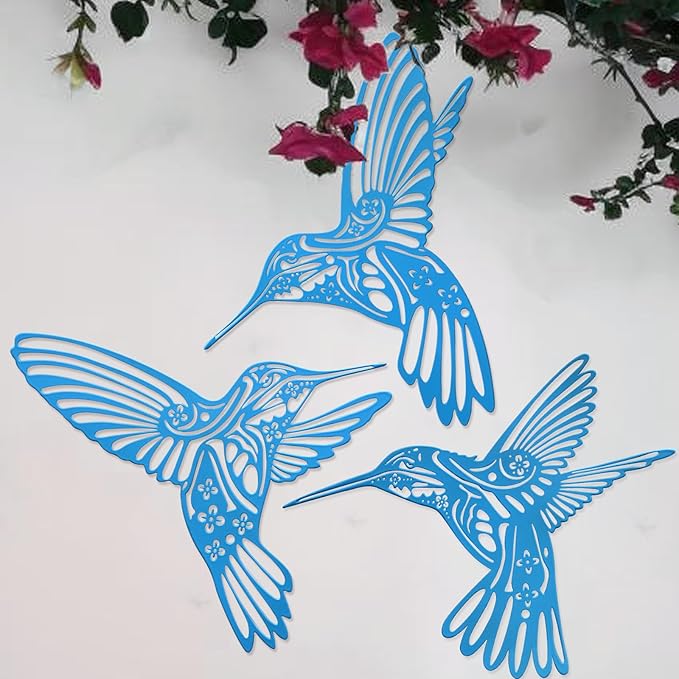 QZGXDECO Metal Hummingbird Outdoor Wall Art Decor-Blue Birds Wall Decorations Hanging Ornaments-Fence Decorations Outdoor Wall Sculpture for Kitchen Patio Bedroom Living Room Bathroom Balcony