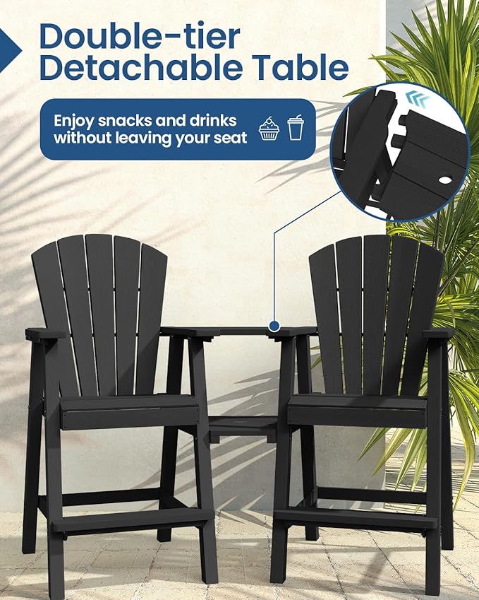 Ciokea Tall Adirondack Chairs Set of 4, HDPE Outdoor Adirondack Bar Stools with Double Connecting Tray, Weather Resistant High Back Adirondack Balcony Chairs for Deck, Lawn, Pool, Backyard, Black