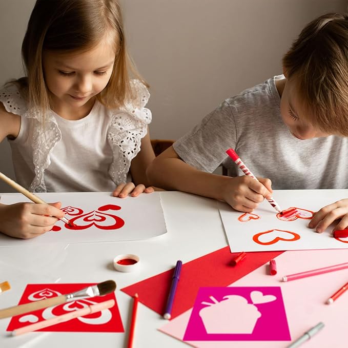 24 Pcs Valentine's Day Stencil Set 8 x 8 Inch Reusable Plastic Love Heart Drawing Painting Templates Valentine Stencils Painting on Wood Paper Cards Scrapbook DIY Rock Furniture Art Crafts