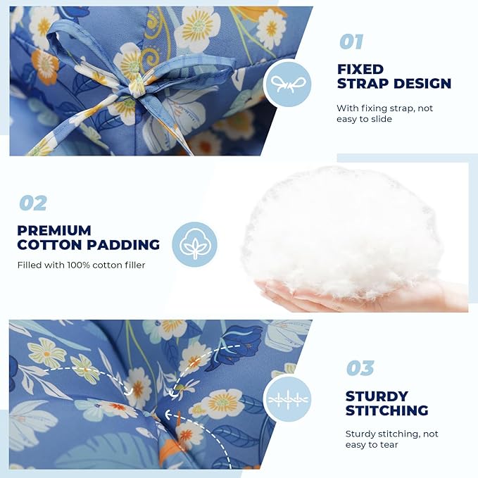Outdoor/Indoor High Back Chair Cushion, Waterproof Outdoor Rocking Chair Cushion with Ties, Tufted Replacement Seat Cushions for Outdoor Furniture, Blue Floral