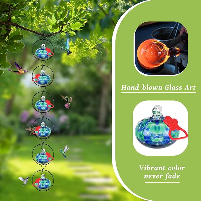 6 Pack Circular Hummingbird feeders for Outdoors Hanging,Hand Blown Glass Hummingbird Feeder with 6 Adjustable Silicone Perch,Never Leak,Gardening Gifts for Woman Man(Blue)