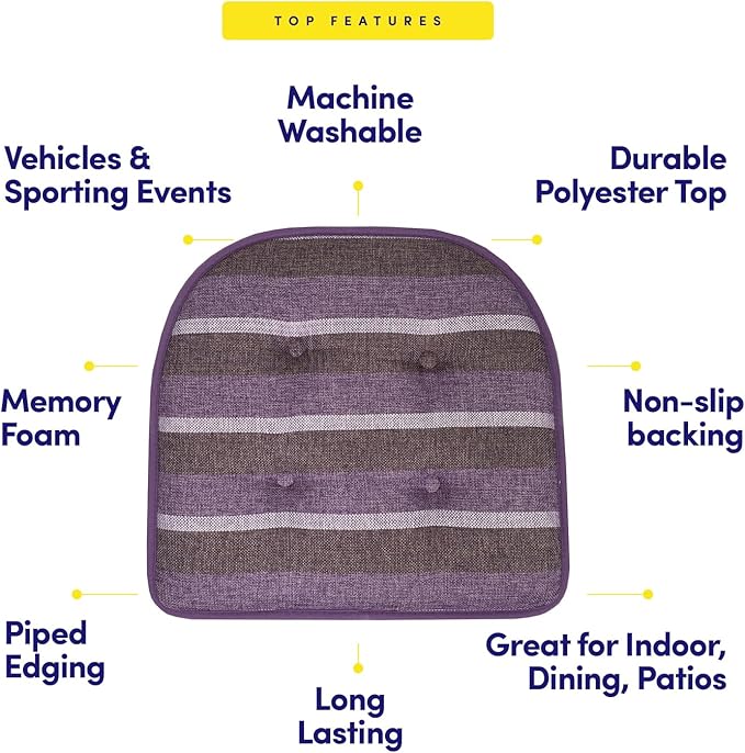 Sweet Home Collection Chair Cushion Memory Foam Pads Tufted Slip Non Skid Rubber Back U-Shaped 17" x 16" Seat Cover, 2 Count (Pack of 1), Bradford Purple