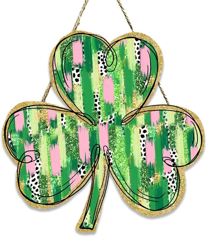 St Patricks Day Door Decorations, St Patricks Day Decorations, Shamrock Door Decoration, Lucky Gold Glitter Brushstroke Clover Wood Hanging Sign for Office Party Porch Yard Home Decor