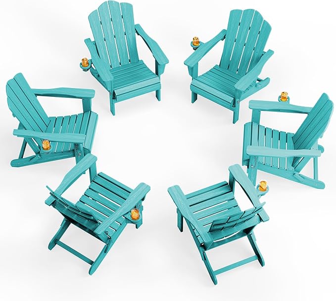 KINGYES Folding Adirondack Chair Set of 6, HDPE All-Weather Patio Chairs with Cup Holder, Wooden Textured Fire Pit Chairs for Poolside, Backyard, Deck, Aruba