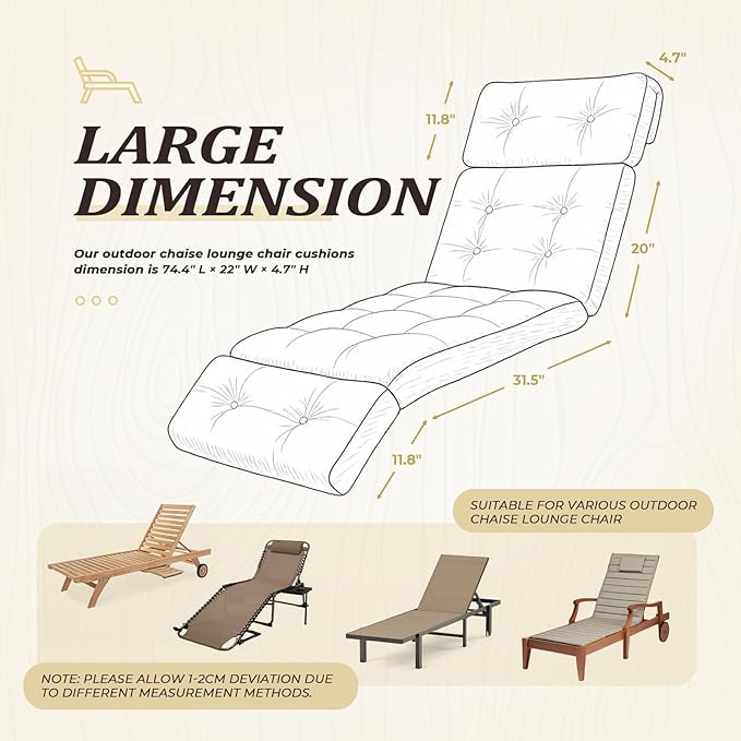 Waterproof Long Lounger Chair Cushion Outdoor Chaise Lounge Chair Cushions with Ties, Patio Recliner Thickened Lounge Chair Cushions for Indoor 74.4 x 22 x 4.7 Inches, Cushion Only(Black)