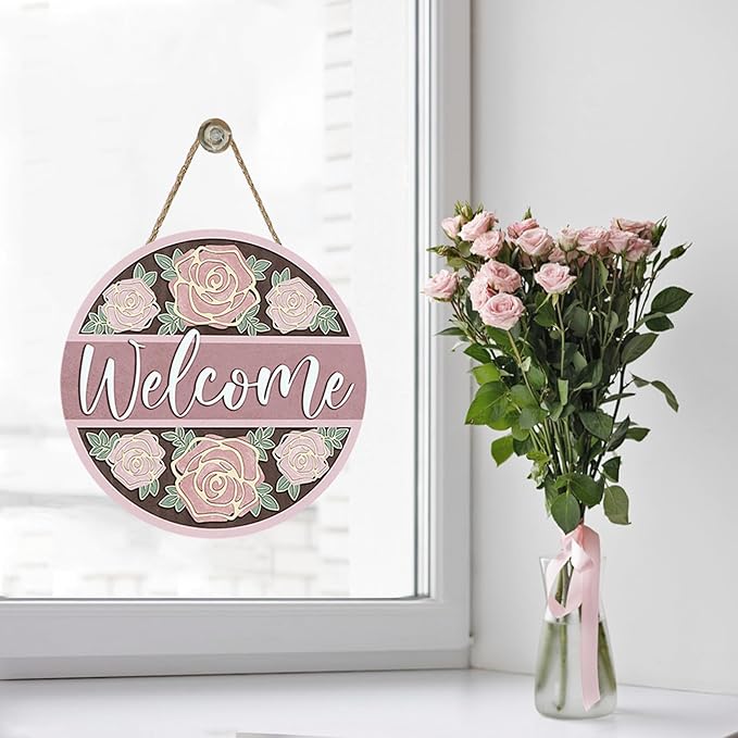 Welcome Pink Rose Flower Front Door Sign, Floral Wood Hanger Outdoor Outside Porch Home Decor, Spring Summer Wooden Wreath Indoor Wall Hanging Decoration