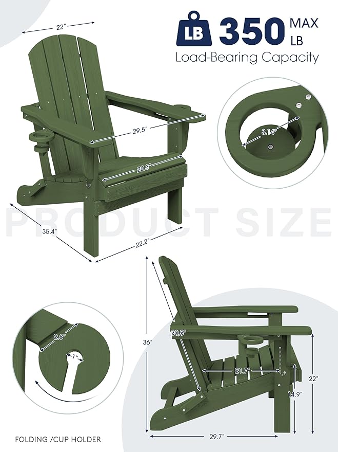 KINGYES Folding Adirondack Chair with Dual Cup Holders - HDPE All-Weather Outdoor Chairs, Wood-Like Patio Chair for Backyard, Camping, Pool & Fire Pit, Avocado Green
