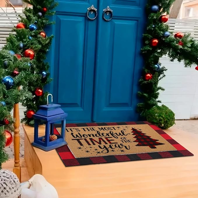 Tinideya 2 Pcs Christmas Tree Door Mat Welcome Non Slip Coir Mats Merry Xmas Black Red Buffalo Plaid Floor Layering Doormats Seasonal for Front Porch Entryway Decor(Christmas Tree)