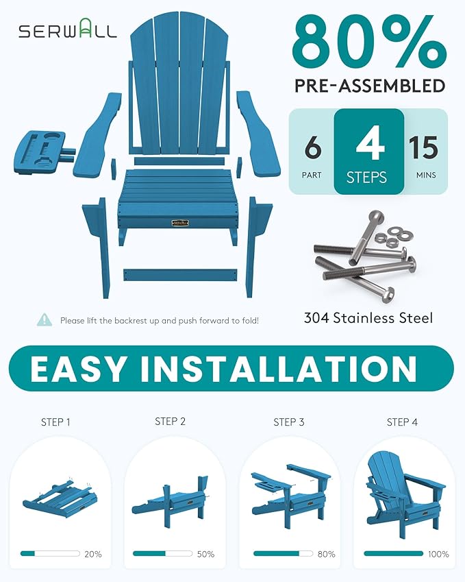 SERWALL Folding Adirondack Chair with 4 in 1 Multi-Functional Cup Holder, Wood Texture Adirondack Chairs for Patio Garden Outdoors, All-Weather Plastic Fire Pit Chairs - Sapphire