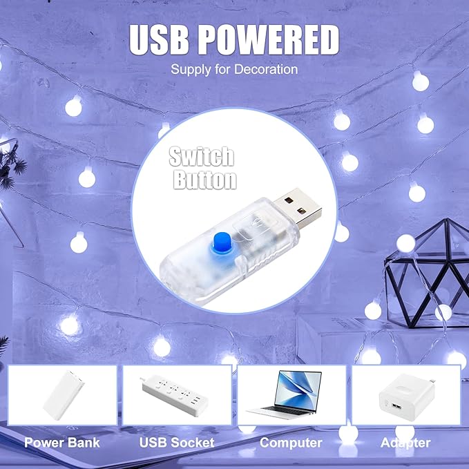 Minetom USB String Lights Indoor Bedroom, 2 Pack Totally 46FT 100 LED Globe Lights with Remote Plug-in, Xmas Twinkle Lights for Wedding Wall Classroom Dorm Canopy Ceiling Room Decor, Pure White