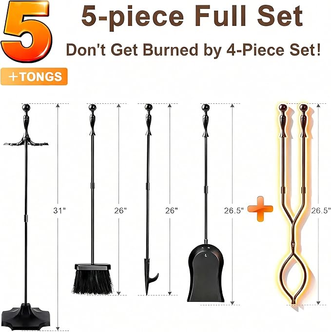 AMAGABELI Garden & Home 5 Pcs Fireplace Tools Set 31 Inch Indoor Black Handle Wrought Iron Large Fire Tool Accessories Set Holder Outdoor Fireset Modern Fire Pit Stand with Poker Brush Shovel Tong