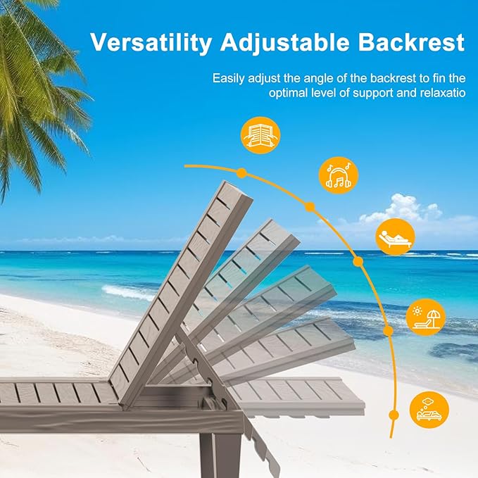 EasyUp Resin Chaise Lounge Chairs with 5-Position Backrest, UV & Fade-Resistant, Waterproof for Garden, Pool, Beach & Patio (Set of 2-Grey)
