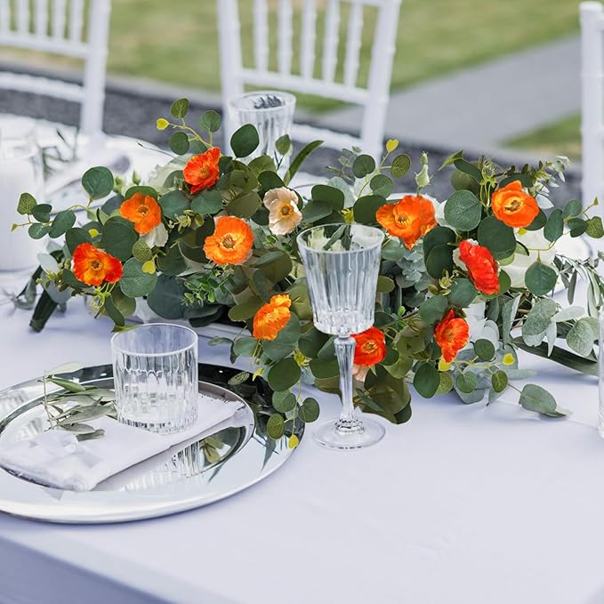 5.74 FT Artificial Poppies Flower Garland, Floral Garland Greenery Vines with Eucalyptus Hanging Flowers Vines for Home Wedding Mantle Table Outdoor Decor (Orange)