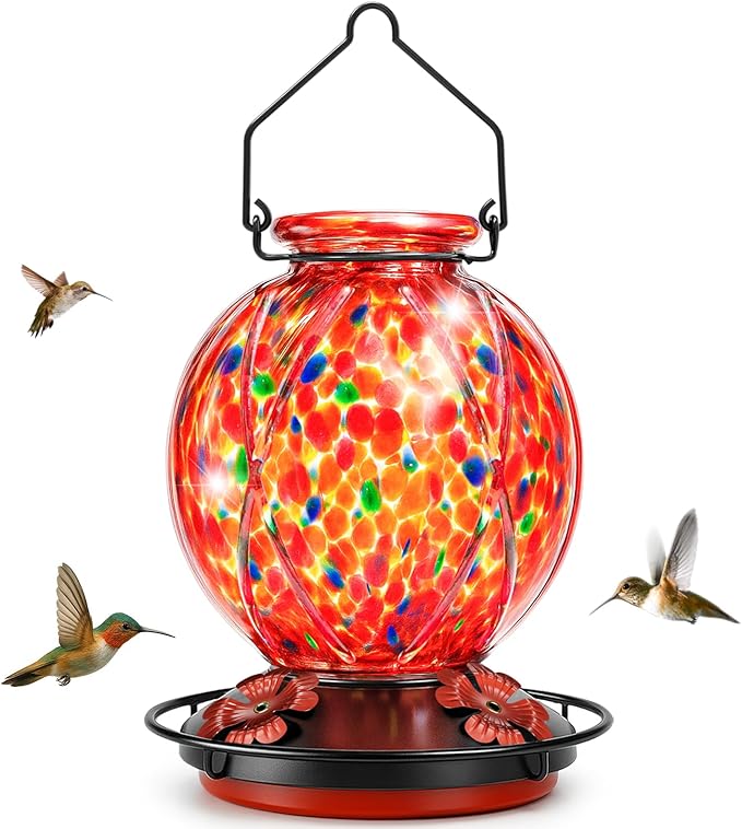 Hummingbird Feeders for Outdoors – 18 oz Hand Blown Glass Bird Feeder, Leakproof, Easy to Fill & Clean, Decorative Hanging Gift for Garden, Patio, Window, Mom or Gardener