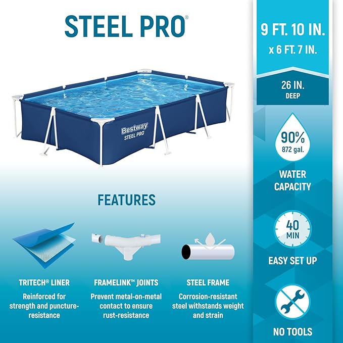 Bestway Steel Pro 9' 10" x 6' 7" x 26" Rectangular Above Ground Pool Set with 827 Gallon Capacity, DuraPlus Liner, and Flowclear 330 GPH Filter Pump