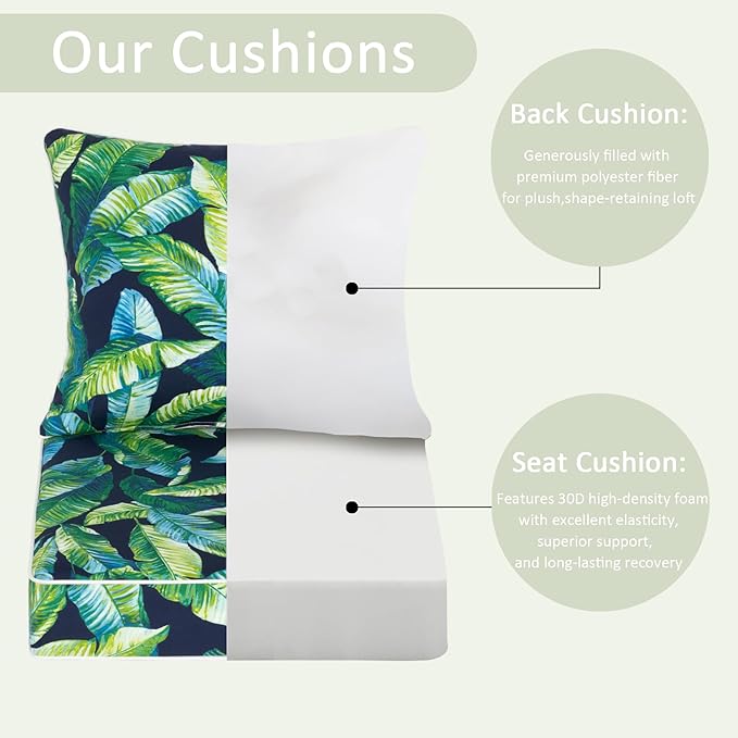 COZYVIDA Outdoor Deep Seat Cushion Set of 2, 22"x24" Seat & 23"x19" Back,Water-Resistant Breathable Fabric,UV-Resistant 1000+ Hrs, 30D Foam with Recycled Fiber Fill and YKK Zippers,Tropical Leaf