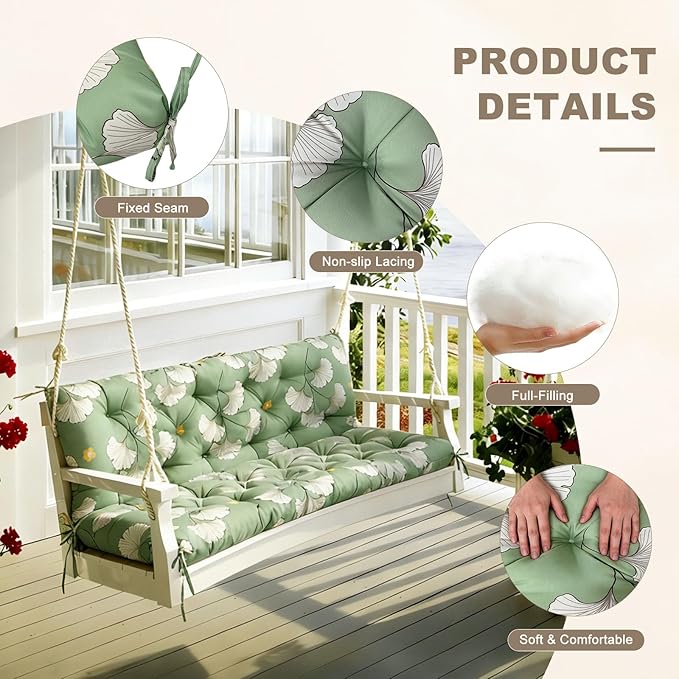 Porch Swing Cushion with Backrest,Waterproof Bench Cushion for Outdoor Furniture,2-3 Seater Replacement Thickened Swing Cushion with Ties,Patio,Outdoor,Backyard and Garden (Ginkgo Breeze,40x40")