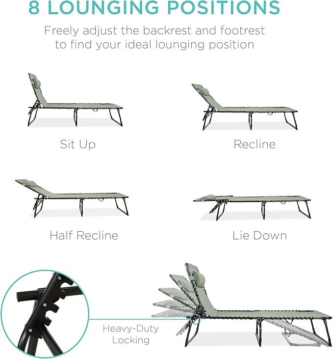 Best Choice Products Patio Chaise Lounge Chair, Portable Outdoor Folding Recliner for Lawn, w/ 8 Positions, Handles, 300lb Capacity - Sage Green