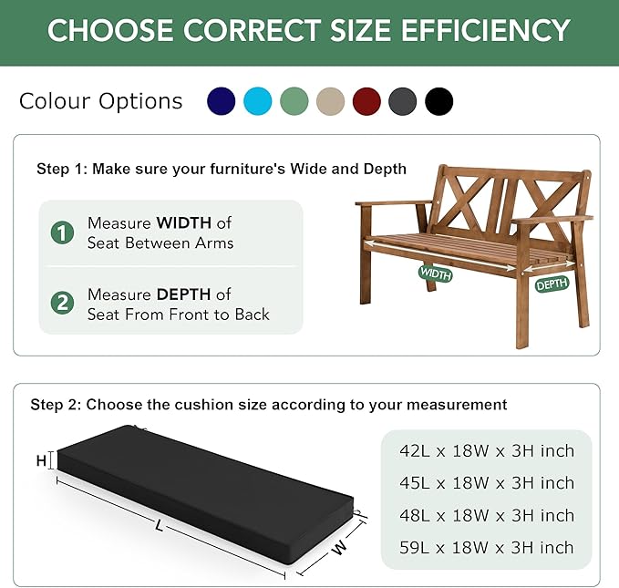 Outdoor Bench Cushion: Waterproof and Fade Resistant Patio Furniture Cushions - Non-Slip Bench Pad Cushion with Removable Cover for Garden Swing Porch Sofa Settee, 48 x 18 x 3 Inch, Black