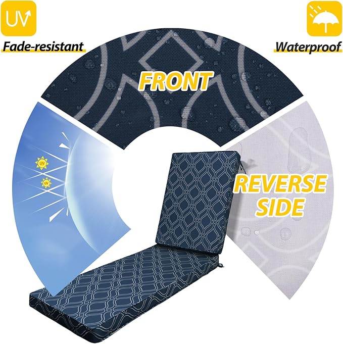 AAAAAcessories Outdoor Chaise Lounge Cushions, Fade-Resistant, Waterproof Patio Furniture Replacement Cushions, 75" x 24.5" x 3", Slate Blue Vine Trellis