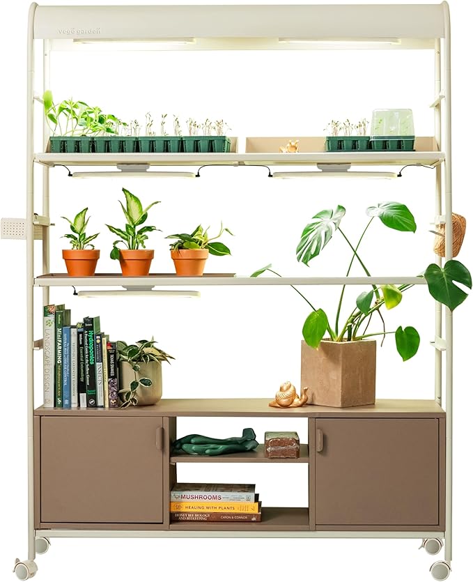 Vego Garden 4 Tier Pro Rolling Metal Corner Plant Stand Indoor with Grow Light, Display Shelf with Storage & Full Spectrum LED Grow Light, Plant Rack for Seed Starting, Leafy, Herbs, Fruits & Microgreens