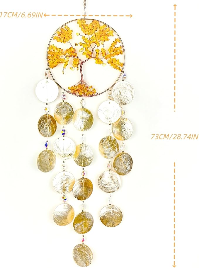 Gold Crystal Tree of Life Dream Catcher Suncatcher Capiz Shell Wind Chime Seashell Ceiling Cottage Core Decor Unique Indoor Outdoor Handmade for Women