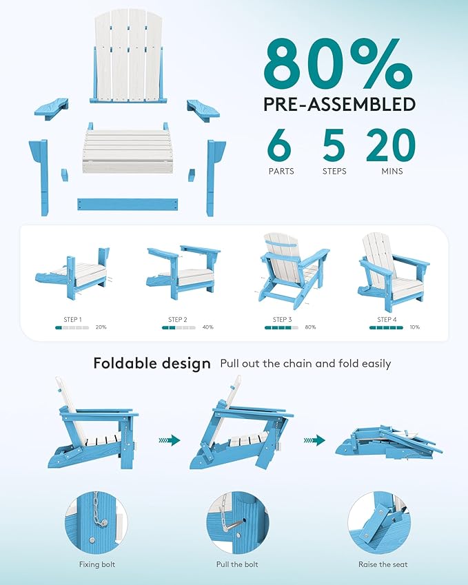 SERWALL Kids Adirondack Chair Sets for 2, HDPE Adirondack Chair for Children,All-Weather Resistant for Patio, Garden, Backyard - Light Blue and White