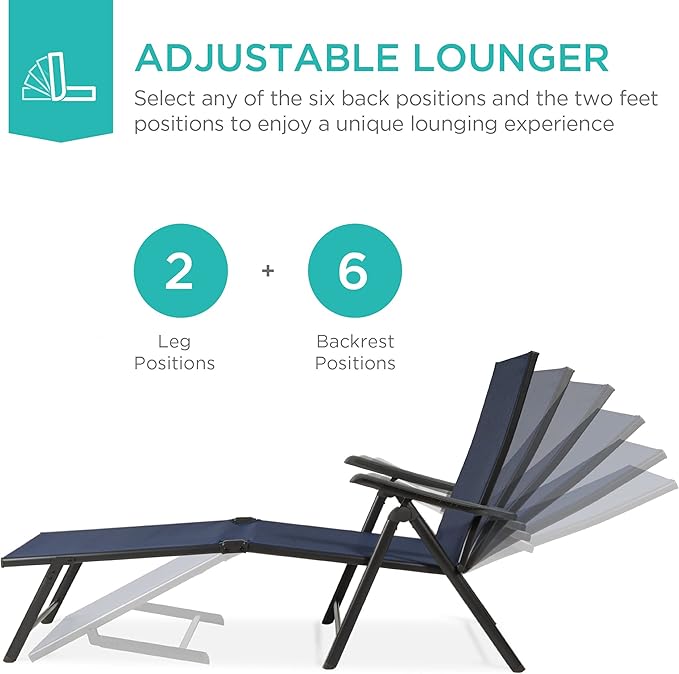 Best Choice Products Set of 2 Outdoor Patio Chaise Lounge Chair Adjustable Reclining Folding Pool Lounger for Poolside, Deck, Backyard w/Steel Frame, 250lb Weight Capacity - Navy