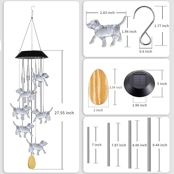 Dog Solar Wind Chimes with 4 Music Aluminum Tubes, Wind Chimes of Outside, 7 Colors Changing Outdoor Waterproof Crystal Dog LED Wind Bell, Home Party Yard Garden Decor