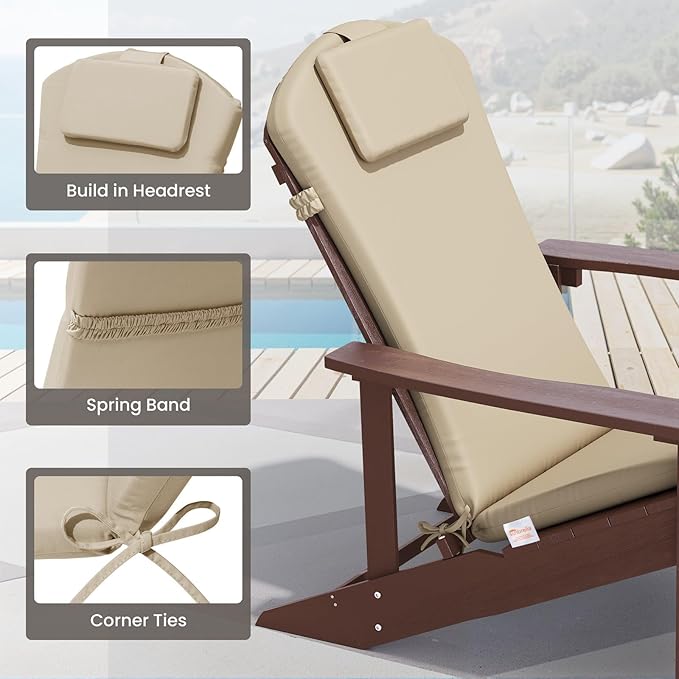 Crestlive 50x20 Inch Sunbrella Adirondack Chair Cushion with Headrest, Water Repellent, Fade Resistant, High Back Rocking Chair Cushion for Patio, Antique Beige