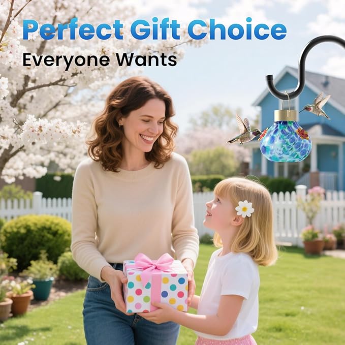 Hummingbird Feeder with Solar Light, Glass Hummingbird Feeder for Outdoors, Auto-Lighting Solar Light for Garden Decor, 3 Ports Attract More Birds, Waterproof Lamp, Ideal Gift, Blue