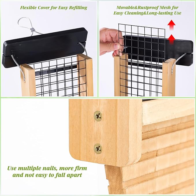 Wooden Suet Bird Feeder for Outside Hanging, Large Woodpecker Suet Feeder with Tail Prop, Double Suet Cakes Hanging Bird Feeder for Wild Birds, 1 Pack, Black