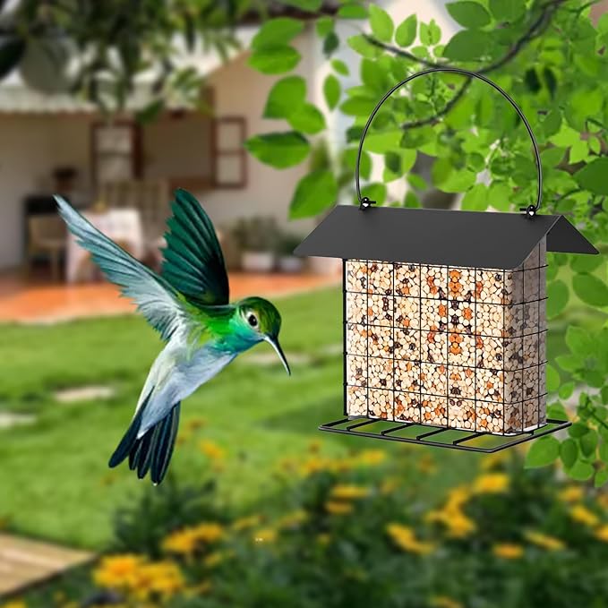 Suet Ball Bird Feeder Outdoor Hanging Metal Wire Wild Bird Feeder Fat Ball Food Feeder with Metal Roof and Platform Outside Cake Suet Feeder Rainproof (Black)