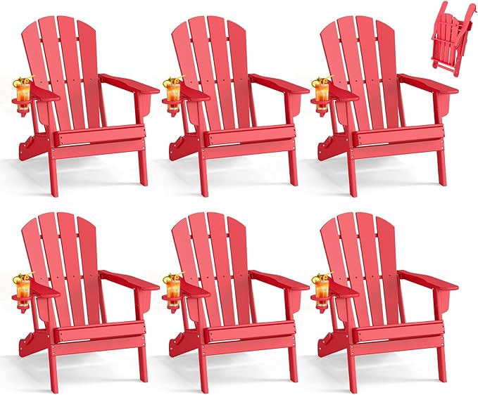 BRIOPAWS Folding-Adirondack-Chairs Set of 6 | HDPE Plastic | Fire Pit Chair | Cup Holder | Curved Back | All Weather| for Outdoor Backyard Deck Patio | Red