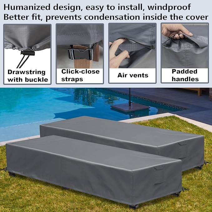 Waterproof Patio Lounge Chair Cover 4 Pack Outdoor Chaise Lounge Covers 600D Weather Resistant Material, UV Protection, Windproof Design Outside Furniture Covers 80" x 28" x 14" H, Grey