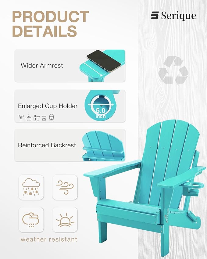 Folding Adirondack Chair Wood Texture, Patio Chairs Weather Resistant, Outdoor Chair, Lawn Chair with Cup Holder, Fire Pit Chair for Deck, Outdoor, Porch, Backyard