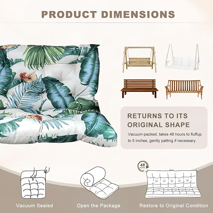 Porch Swing Cushion with Backrest,Waterproof Bench Cushion for Outdoor Furniture,2-3 Seater Replacement Thickened swing cushion with Ties,Patio,Outdoor,Backyard and Garden (Hawaiian Flower,47x40")
